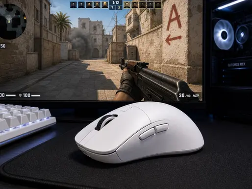 A gaming setup features a white mouse on a black pad, keyboard, and monitor displaying a shooter game with an A marker and virtual warfare.
