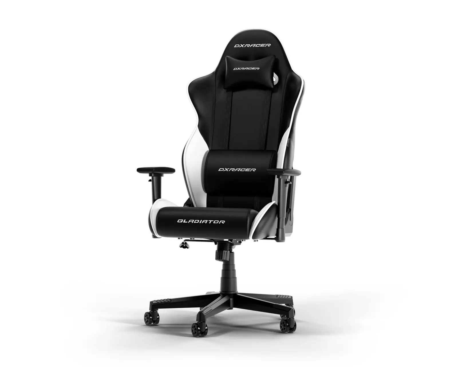DXRacer GLADIATOR L black white PVC leather gaming chair with adjustable armrests and lumbar cushion
