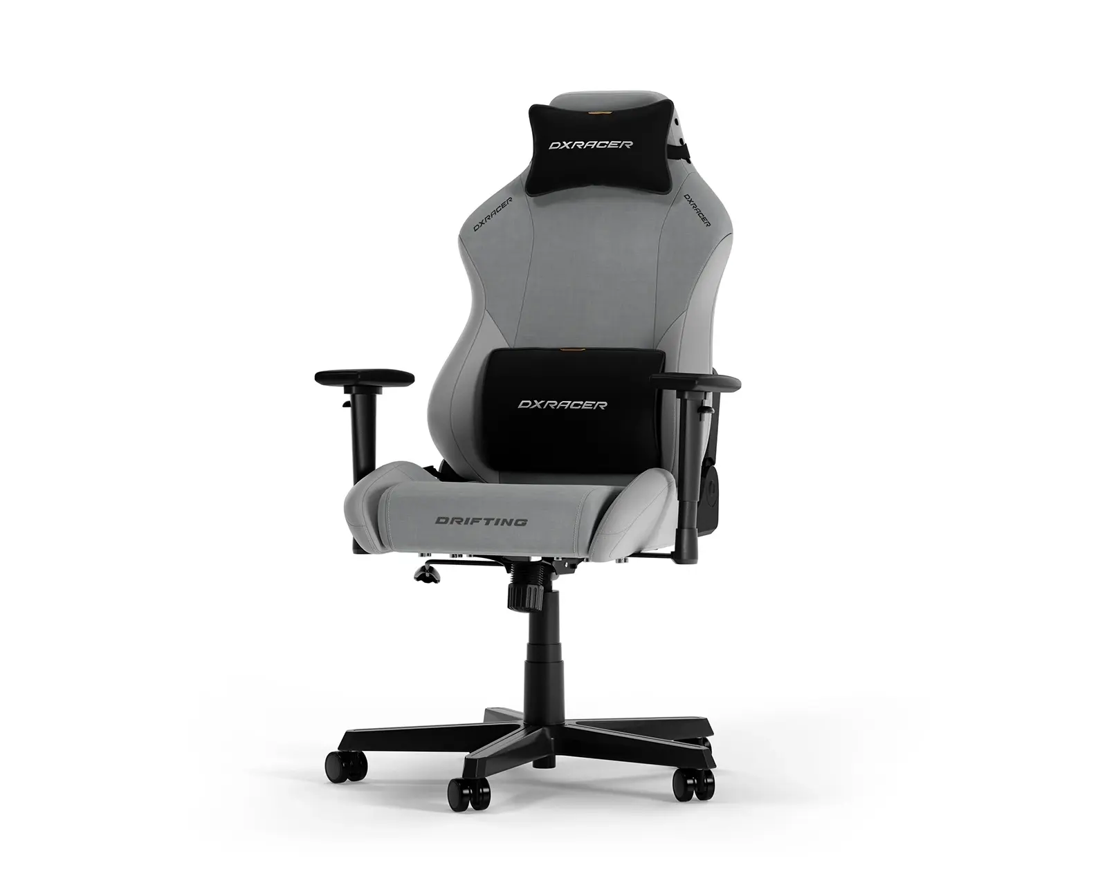 DXRacer DRIFTING L grey fabric gaming chair ergonomic with lumbar cushion and adjustable armrests