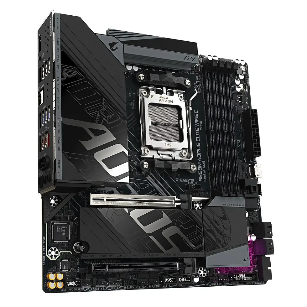 Black Gigabyte B650M AORUS motherboard with prominent AMD Ryzen socket, PCIe slots, and intricate patterns. Text includes model details.