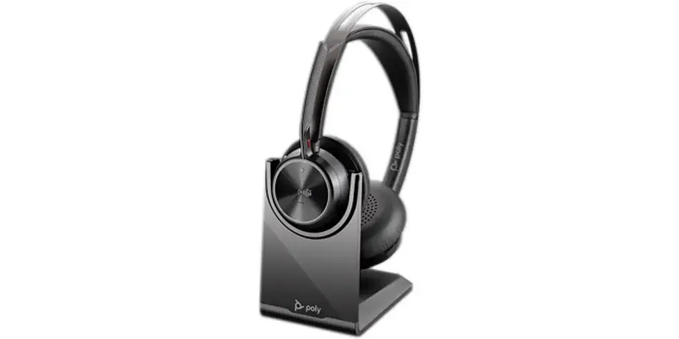 Thumbnail: Poly Voyager Focus 2 wireless headset with charging stand and USB-C adapter for office calls and Teams meetings