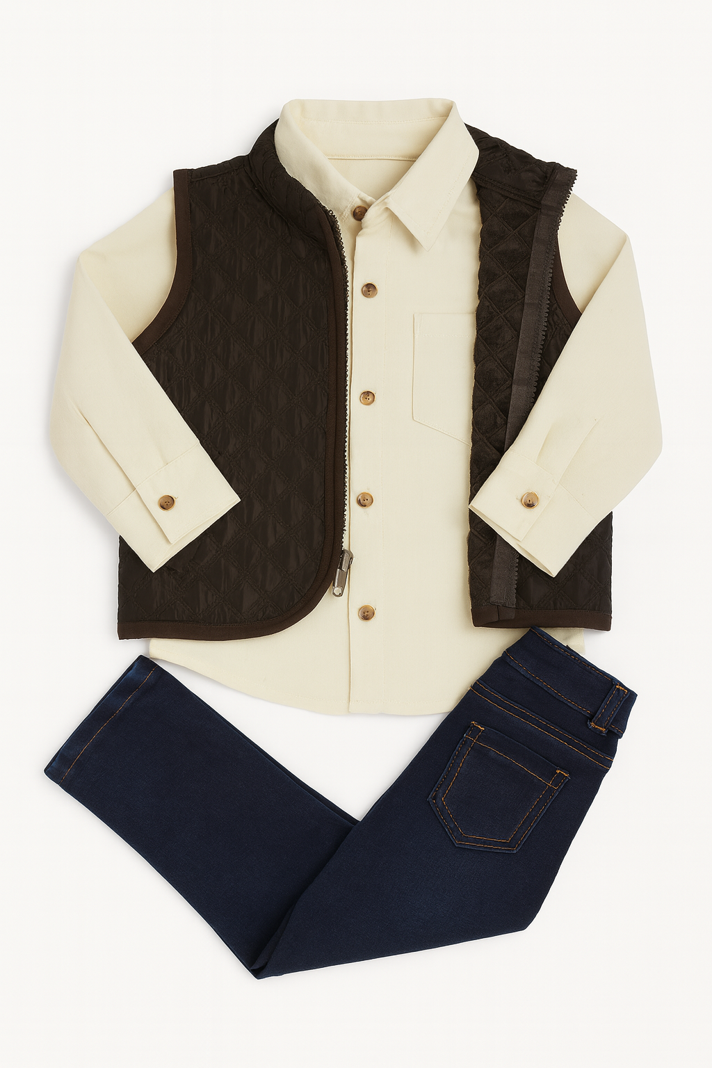Conjunto para Niño – Camisa beige + Chaleco Acolchado café + Pantalón