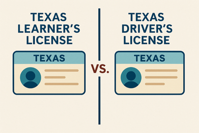 Texas Learner's License vs. Driver's License images, side by side. Blue and beige color scheme, simple design, and bold text.