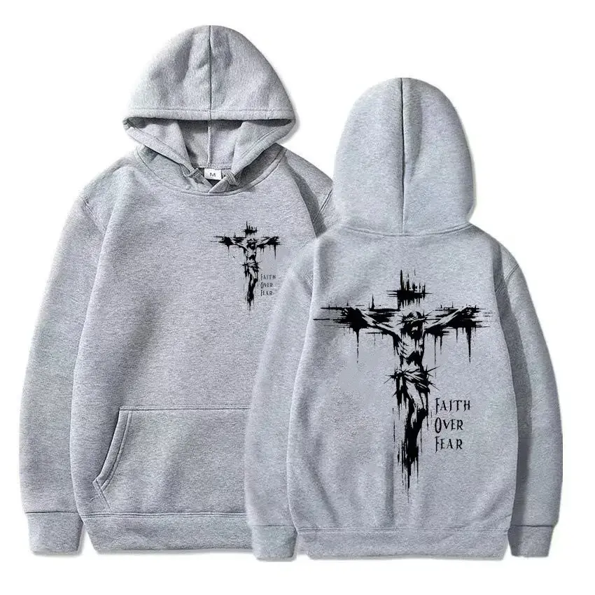 Miniatura: Moletom masculino com estampa de cruz religiosa e texto motivacional, estilo pul