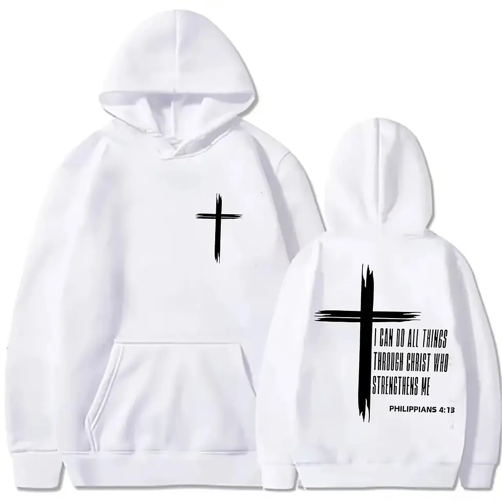 Miniatura: Moletom masculino com estampa de cruz religiosa e texto motivacional, estilo pul