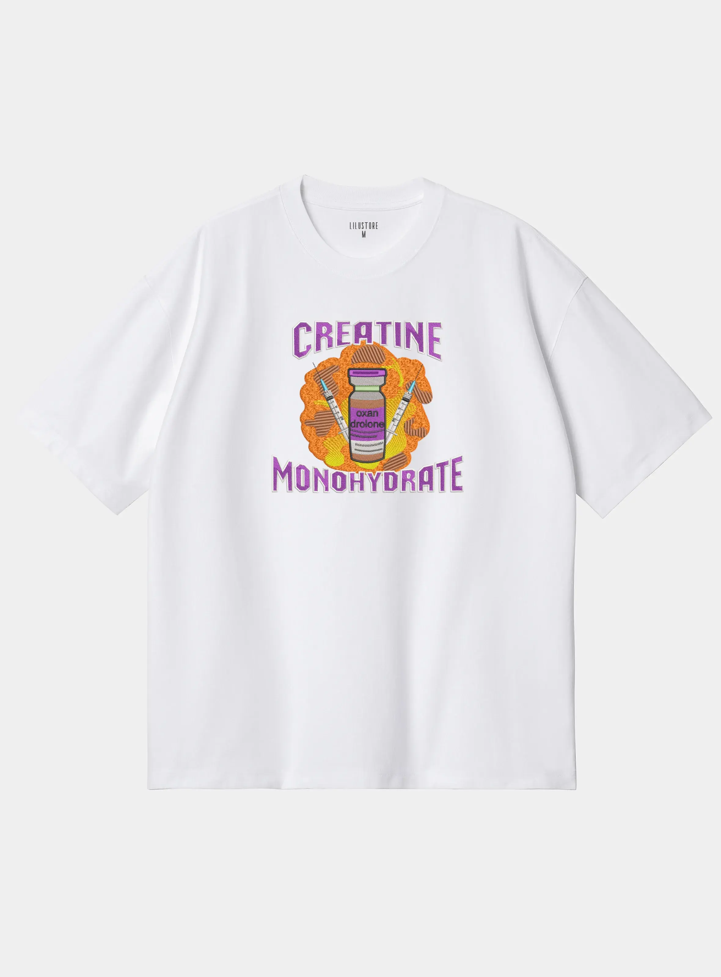 Футболка вільного силуету з вишивкою Creatine monohydrate