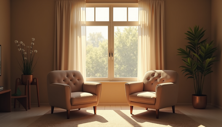 Eye-level view of a cosy living room with two chairs facing each other, symbolising a space for intimate conversation