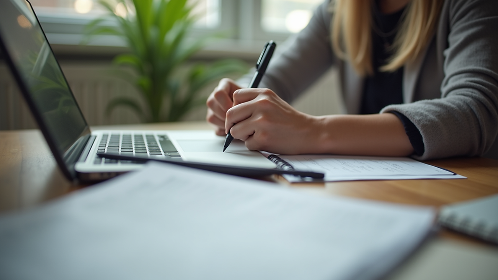 Close-up view of a person writing notes during an online counselling session