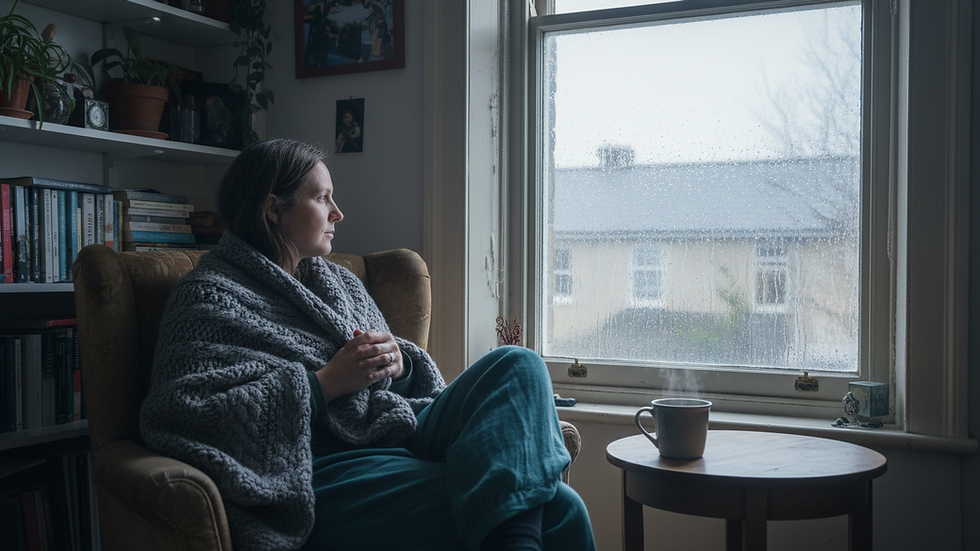 Eye-level view of a person sitting alone by a rain-covered window