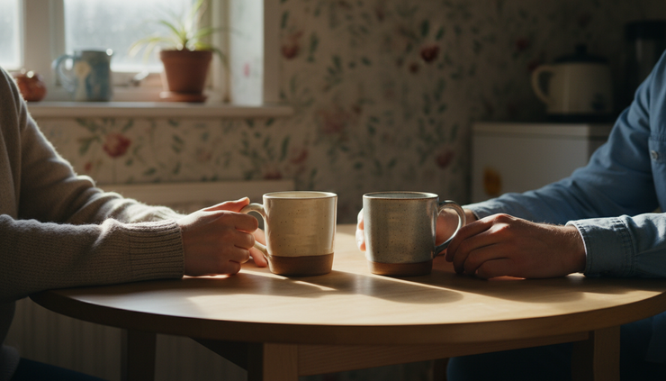 Close-up view of two mugs on a small kitchen table beside two relaxed hands.