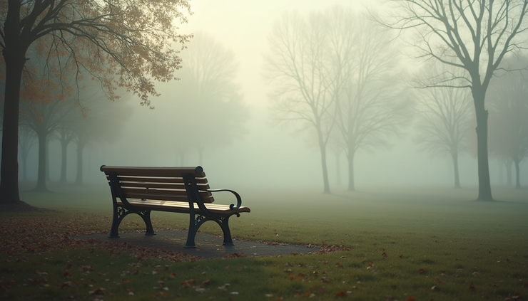 Eye-level view of a quiet, empty bench in a misty park symbolising solitude and reflection
