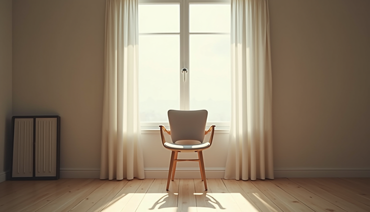 Eye-level view of a single chair beside a window with soft natural light