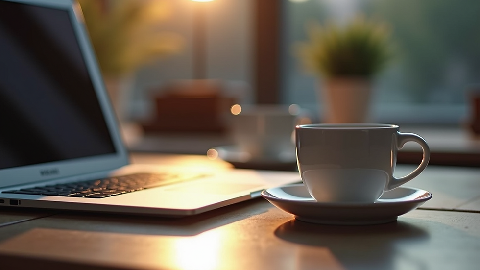 Eye-level view of a laptop on a desk with a cup of tea beside it