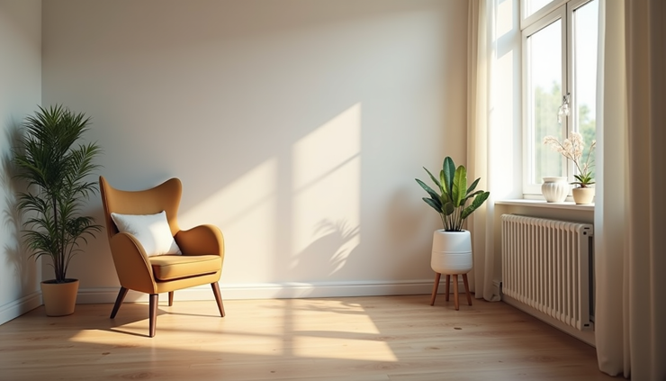 Eye-level view of a quiet counselling room with a comfortable chair and soft lighting