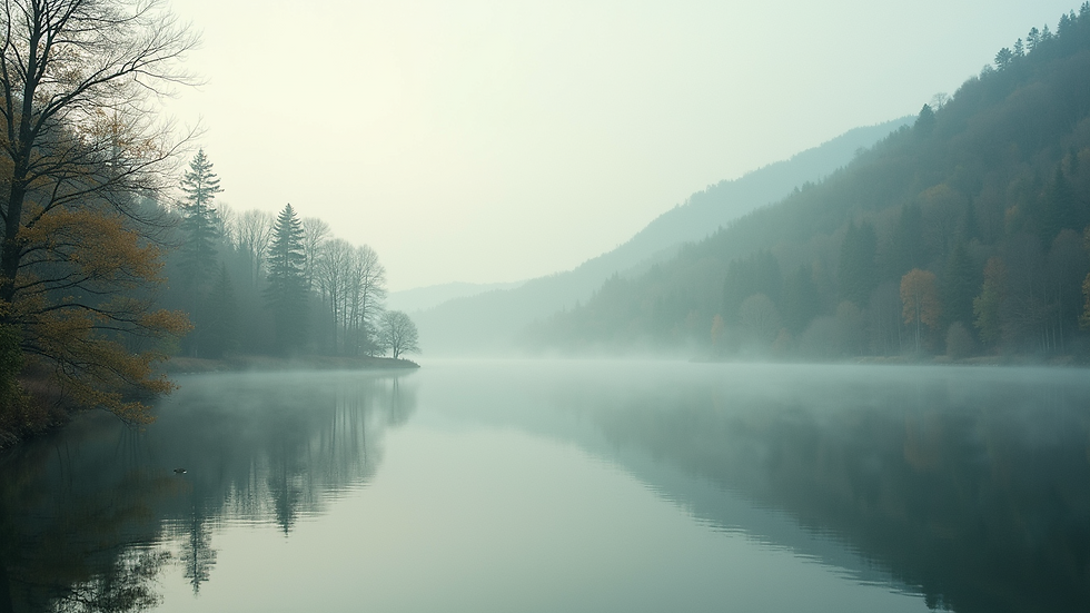 Close-up view of a serene landscape with a calm lake reflecting trees
