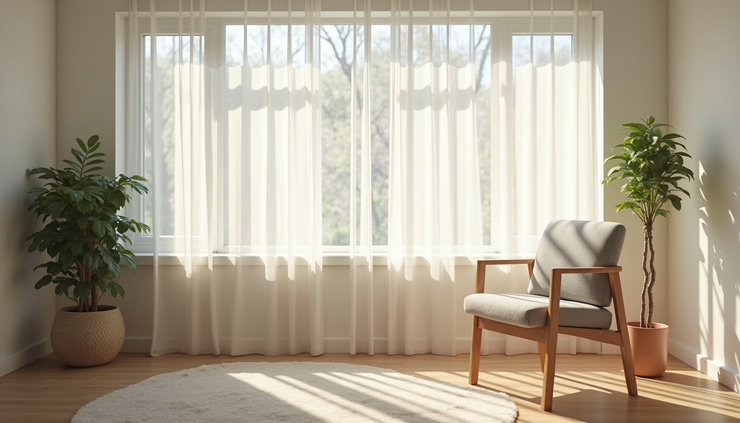 Eye-level view of a quiet counselling room with a comfortable chair and soft lighting