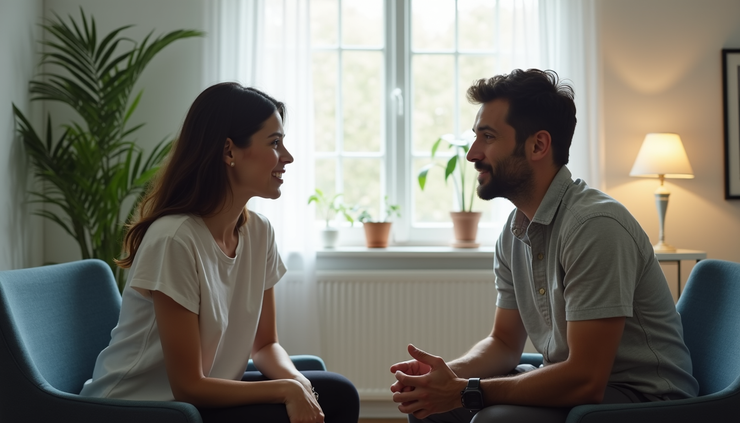Eye-level view of a couple sitting together in a counselling session, facing each other with attentive expressions