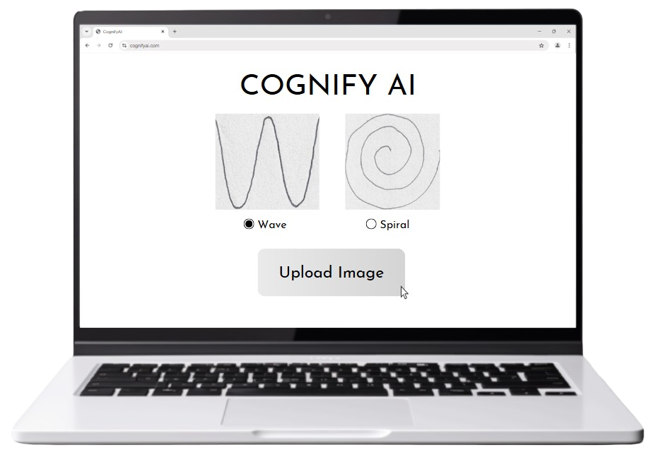 The CognifyAI app on a laptop, with wave and spiral drawing options and an Upload Image button
