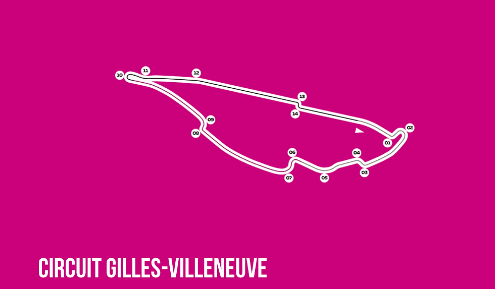 Map of Circuit Gilles-Villeneuve showing track layout on a pink background. Numbers mark turns; text reads "Circuit Gilles-Villeneuve."
