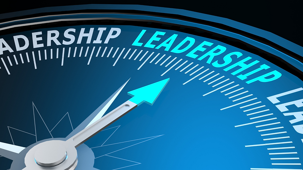 A close-up image of a blue compass with the needle pointing toward the word "LEADERSHIP" in bold, glowing letters, symbolizing direction and focus on leadership.