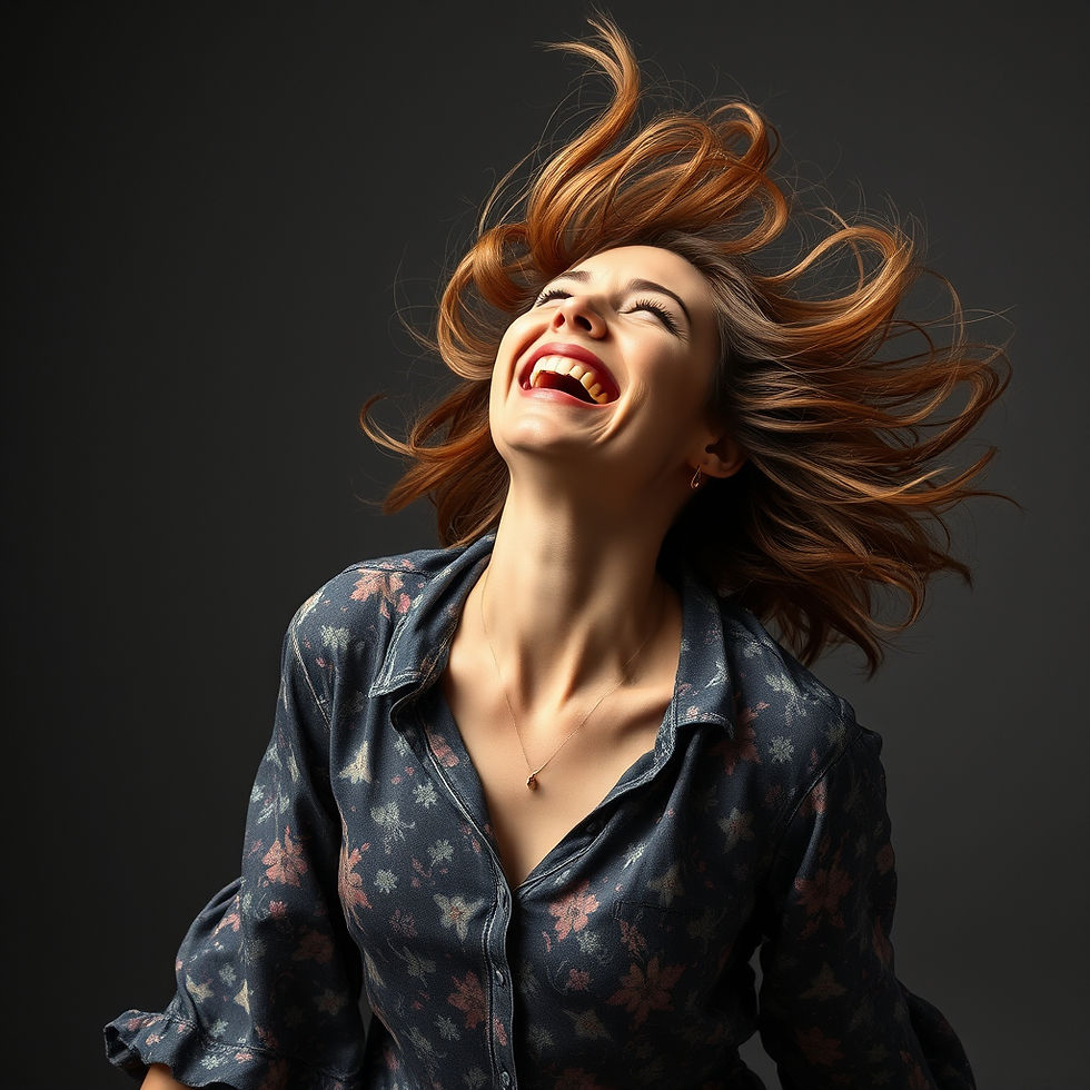 A woman exudes pure joy, her hair and spirit lifted with vibrant energy.
