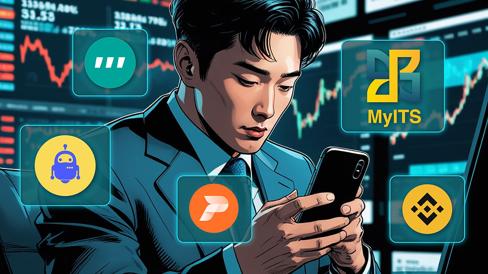 年轻男子在交易屏前查看手机,背景有红色和蓝色数据图表。图中显示多个图标,包括MyITS及其他应用,氛围专注。