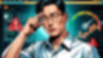 Man with glasses looks concerned at digital stock charts. Red warning symbols and colorful meter highlight urgency on blue-lit screens.
