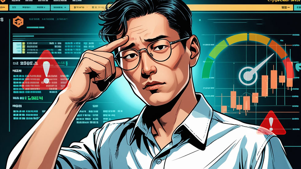 年轻男子戴眼镜,面对电脑屏幕上复杂的图表与警示图标,神情专注,背景充满蓝绿色与橙色。