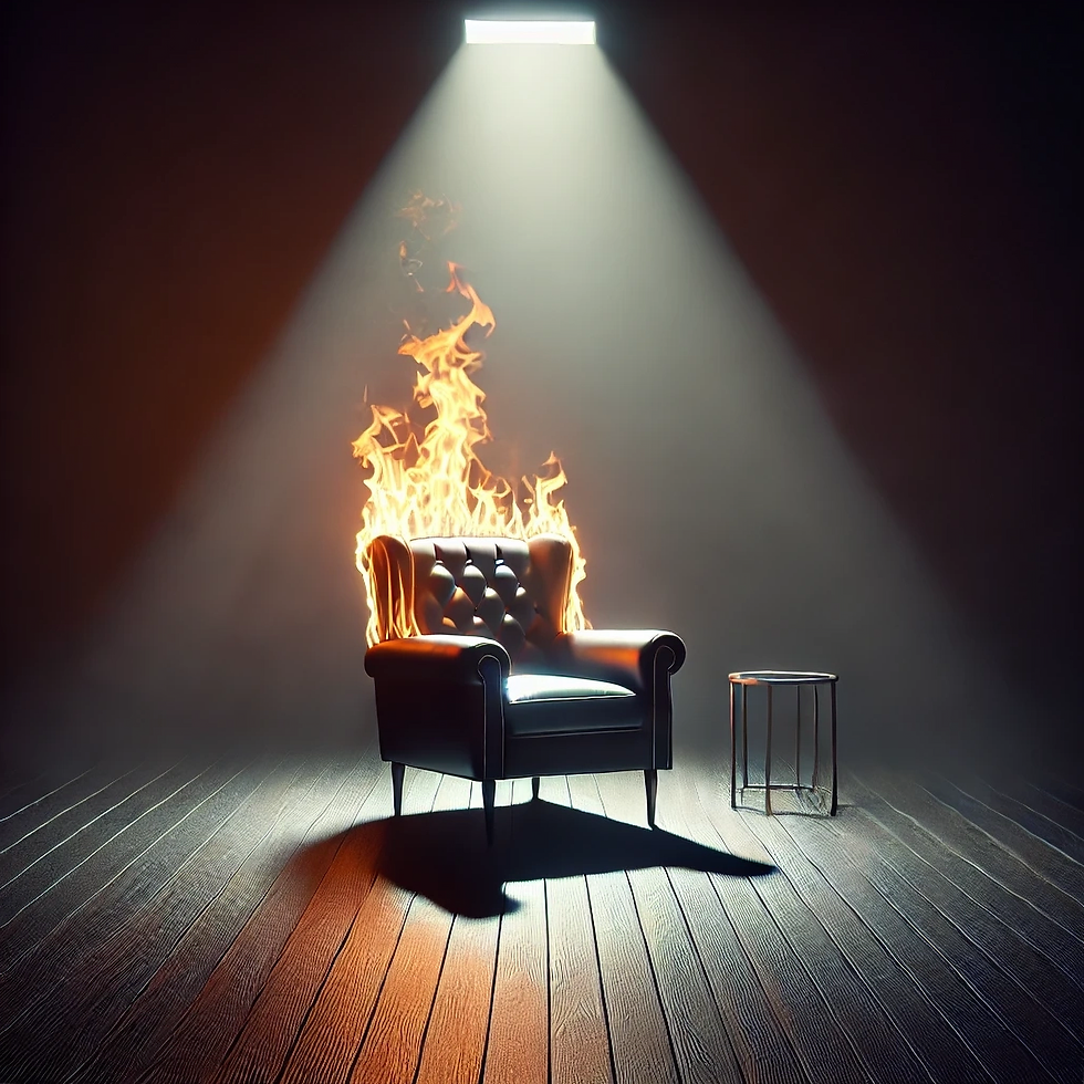 Therapist's chair surrounded by symbolic flames under a spotlight, representing scrutiny and pressure in the mental health field.
