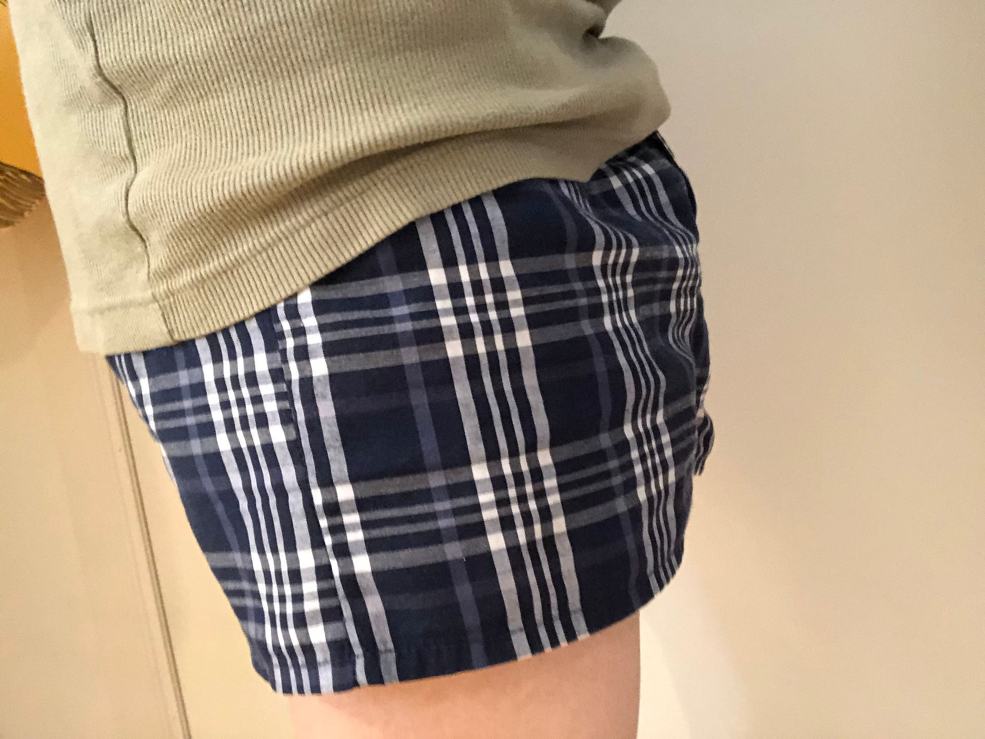 Packing with Mr X, side view in loose boxers