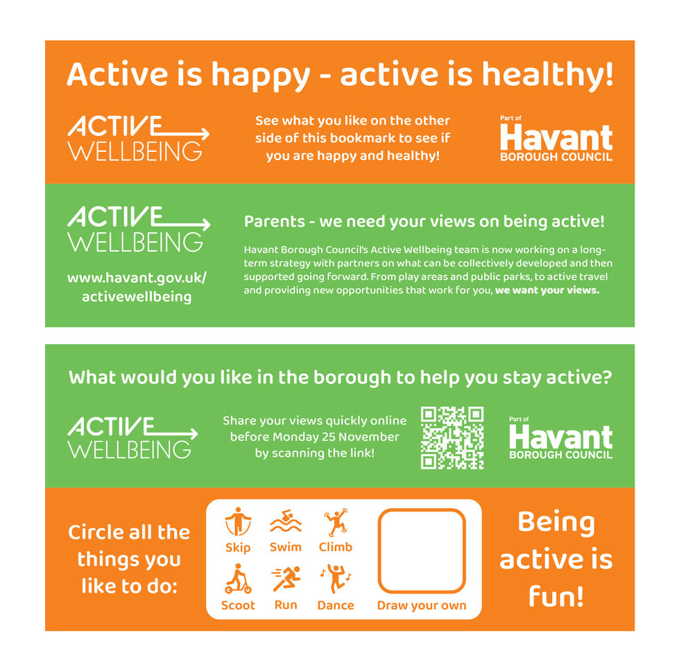 Image of both sides of the Active Wellbeing bookmarks.