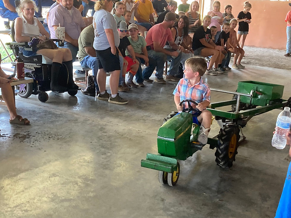 With all the ease of a man out for a Sunday drive on his tractor, 3-year-old Waylon Rhynerson wasn't rattled by the crowd watching from the bleachers in the Horse Barn. (Roger Sims / Linn County Journal)