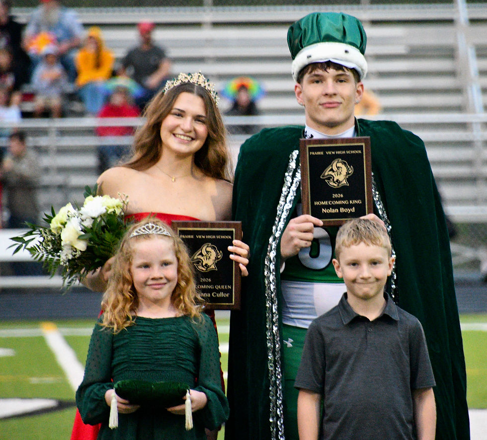 Prairie View seniors Gabrianna Cullor and Nolan Boyd were crowned 2026 Homecoming queen and king prior to kickoff at Friday's game against Jayhawk-Linn. With the seniors were crown bearers Harper Houston and Thayer Capp. Nolan was Gabrianna's escort for the event. (Photos by Billy Roudybush / Linn County Journal)