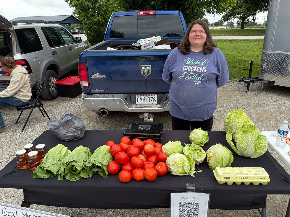 Drexel, Mo.-based Aimee Harder sells produce, honey and eggs at the market. With many locally grown vegetables stills weeks away from harvest, she supplements her selection with purchased lettuce and tomatoes for now.