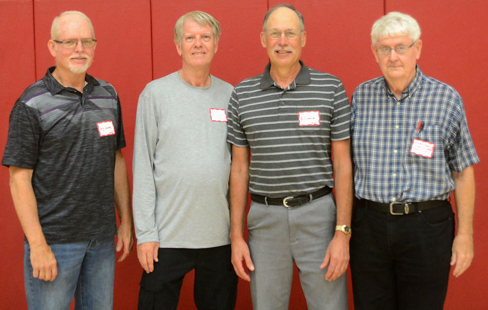 The Jayhawk-Linn High School class of 1975 was also honored at the reunion. Those representing that class are, from left, Larry Hoover, Jim Alexander, Bill Leavitt and Tony Furse. The class of 1975 began their high school careers at Mound City High School but graduated from the newly consolidated Jayhawk-Linn, which included students from Blue Mound and Prescott high schools.