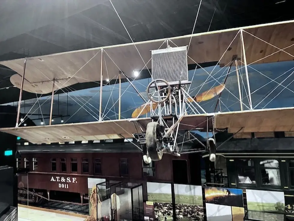 A picture of Kansas aviation pioneer Albin K. Longren’s 1914 bi-plane seen from a ramp built to make it more accessible to museum visitors. (Jim McLean / KPR News)