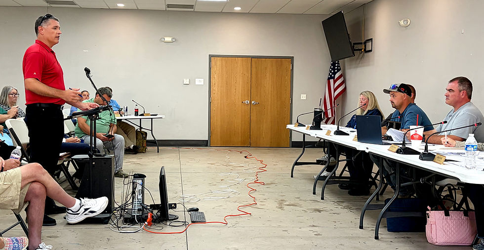 Jason Hopkinson, left, an engineer with BG Consulting, talks with Pleasanton City Council members about options for an alternative water supply at the council meeting on Monday evening. (Photo by Roger Sims / Linn County Journal)