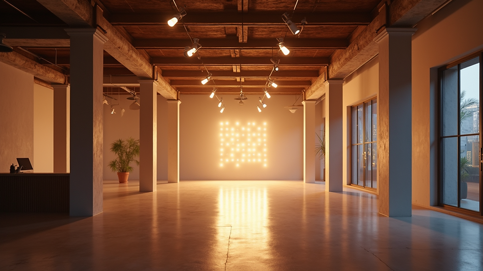 Eye-level view of a spacious modern event loft with elegant lighting