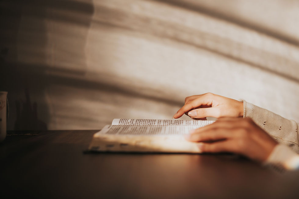 Woman reading an open Bible in soft natural light