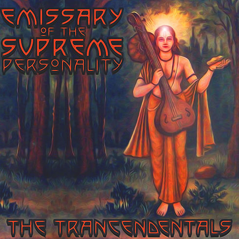 Emissary of the Supreme Personality. Person holding a lute in the forest.