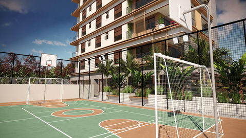 quadra esportiva no térreo e área de lazer do Palmas Residencial.