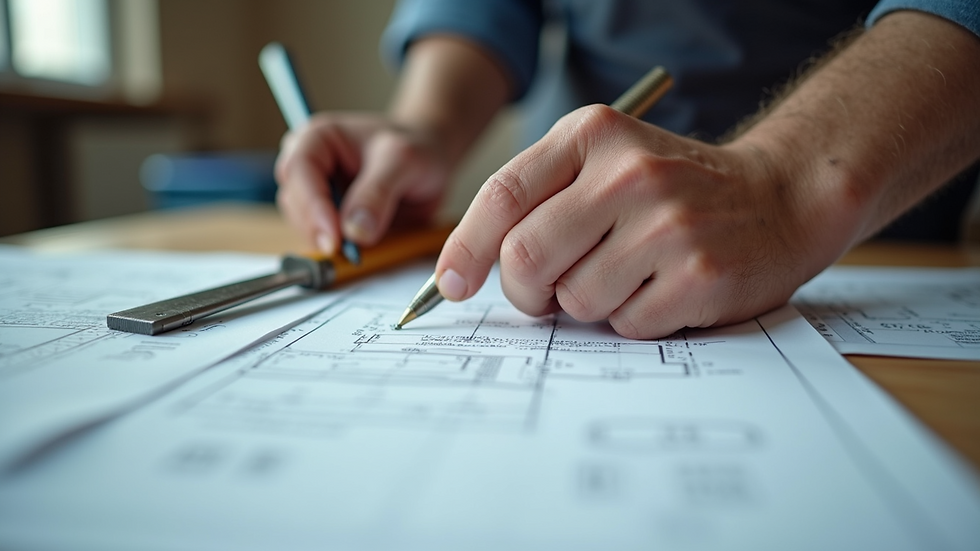 Close-up view of a surveyor’s measuring tools and blueprints
