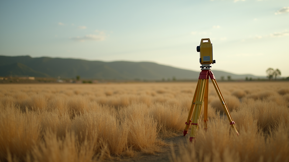 Close-up view of a surveyor’s equipment set up on a grassy field
