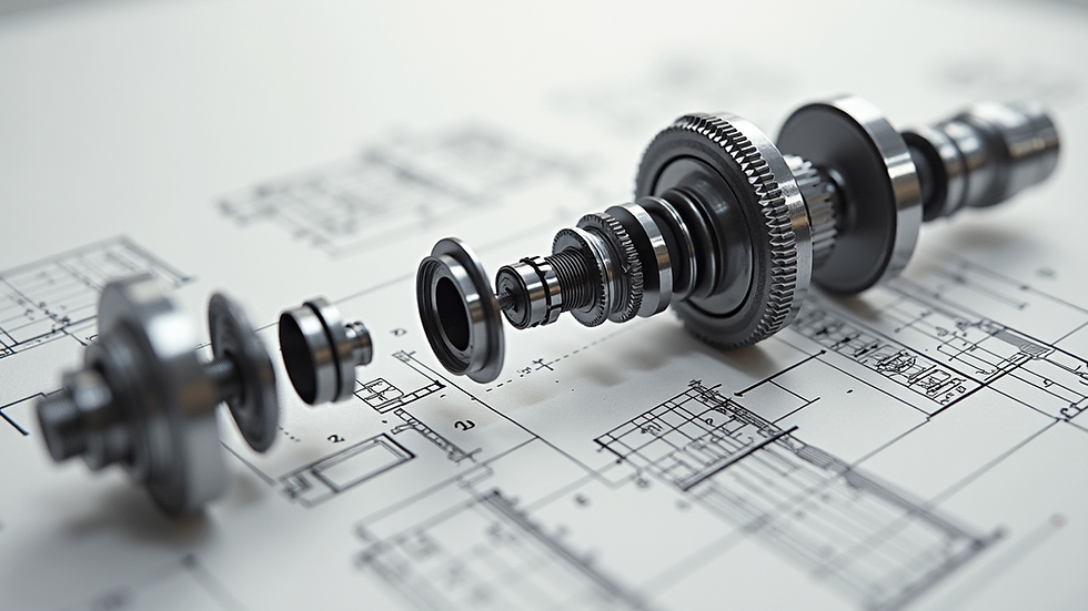 High angle view of a mechanical assembly drawing showing exploded parts