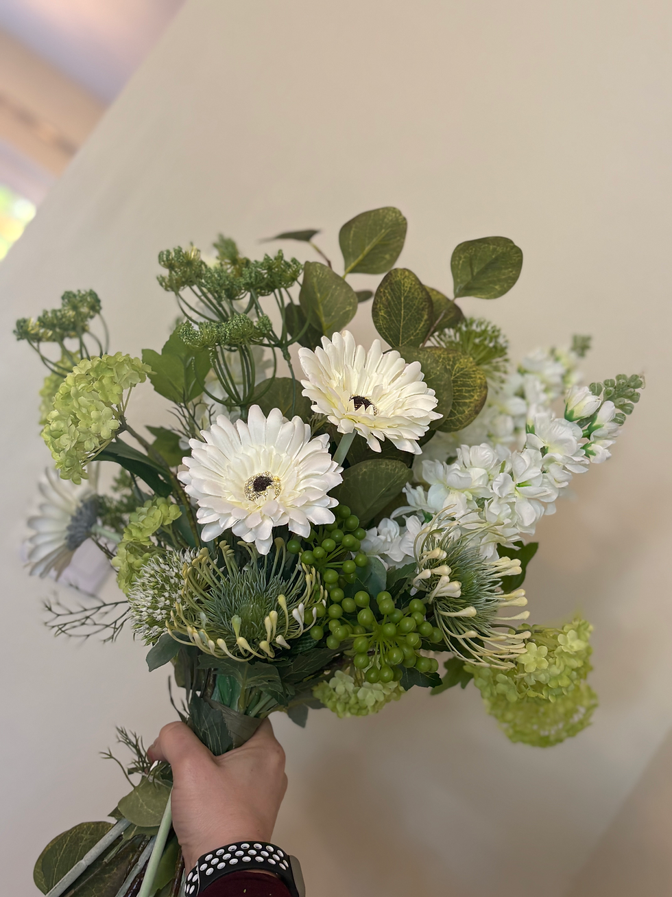 Our artificial 'Into the green' all time favourite bouquet of  handtied flowers 