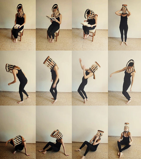 Gergana Elenkova, Jaula, 2016, piezas de madera, tiras de cuero y remaches metálicos. Registro fotográfico de la acción.