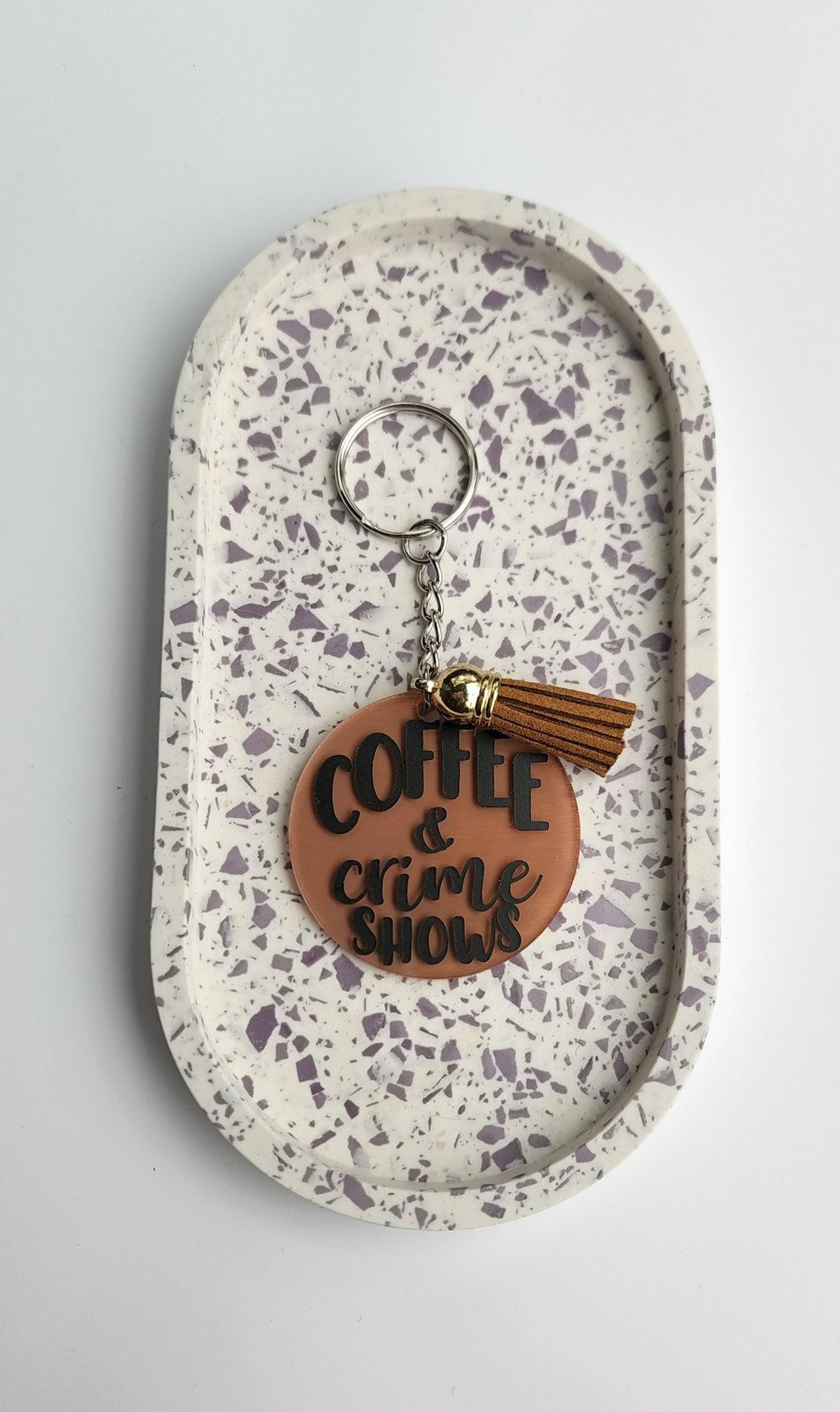 Product: 'COFFEE & CRIME SHOWS' Keychain with tassel