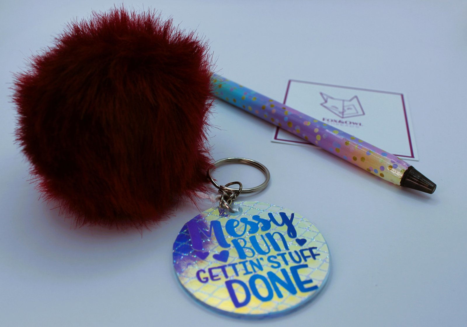 Product: Burgundy Bun Keychain + Pen Set