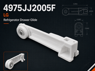PartAgain illustrative research render for LG 4975JJ2005F refrigerator drawer glide; fit and dimensions not verified