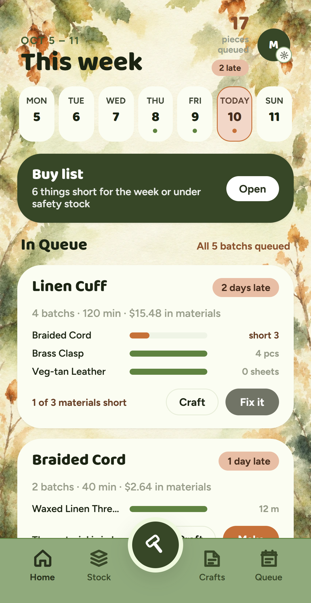 CraftAlley Forest theme showing weekly production plans and material shortages